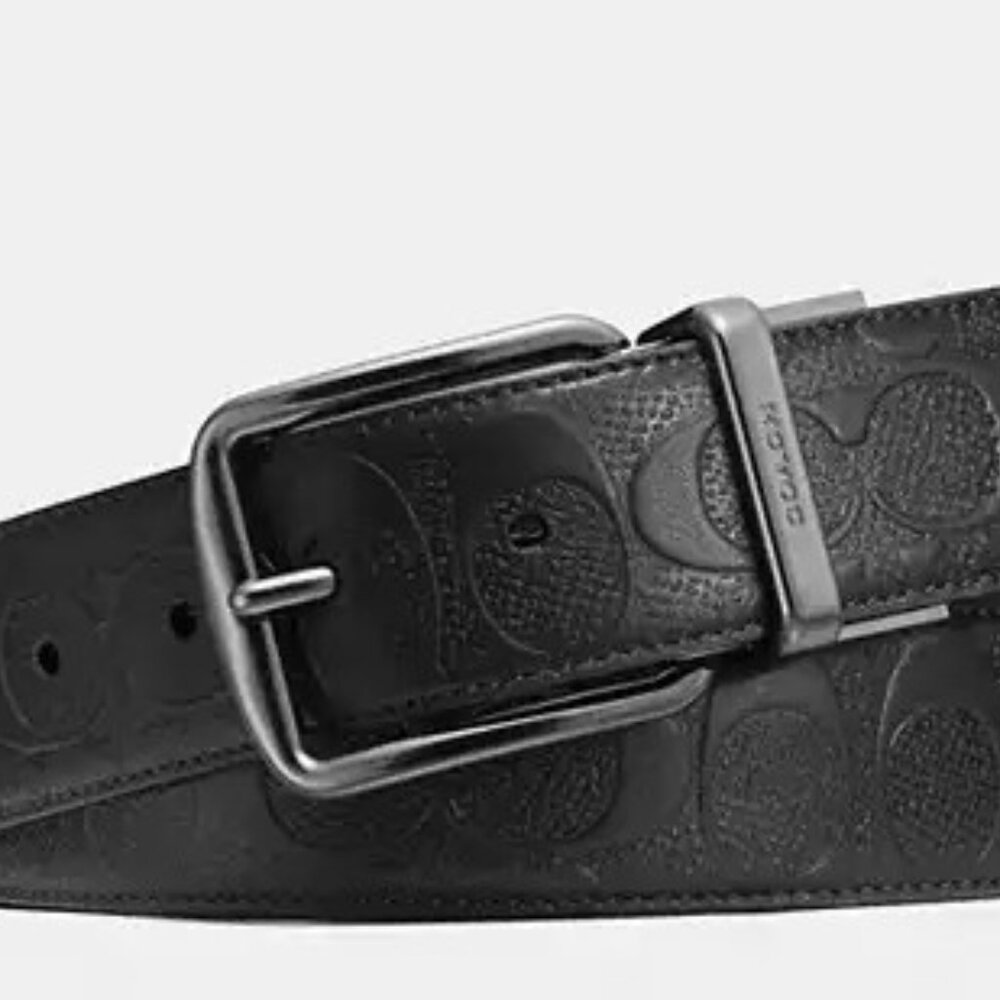 COACH HARNESS REVERSIBLE LEATHER BELT LOGO SMOOTH CALF LEATHER BLACK 1.5 IN WIDE - Picture 2 of 12